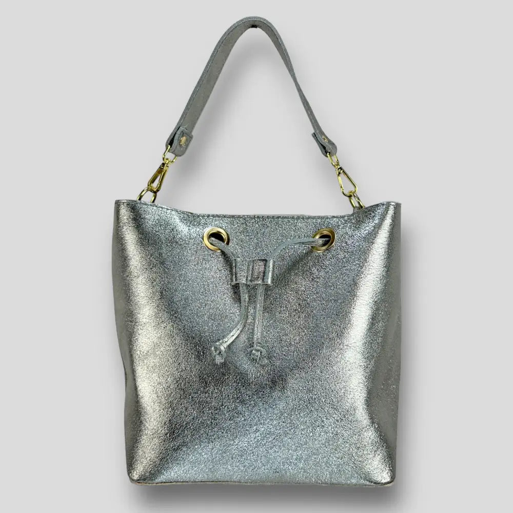 Chamaeleon - Borsa A Spalla In Vera Pelle Argento Borsa Secchiello