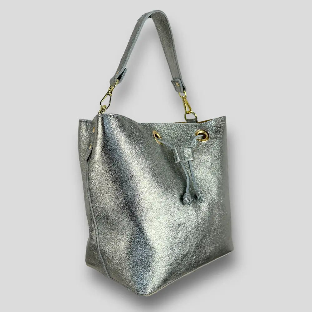 Chamaeleon - Borsa A Spalla In Vera Pelle Argento Borsa Secchiello