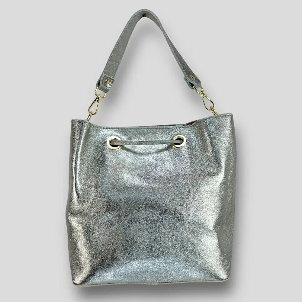 Chamaeleon - Borsa A Spalla In Vera Pelle Argento Borsa Secchiello