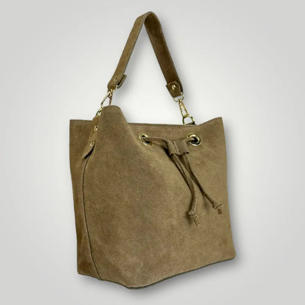 Lincys - Borsa A Spalla In Vera Pelle Camoscio Camel Borsa Secchiello